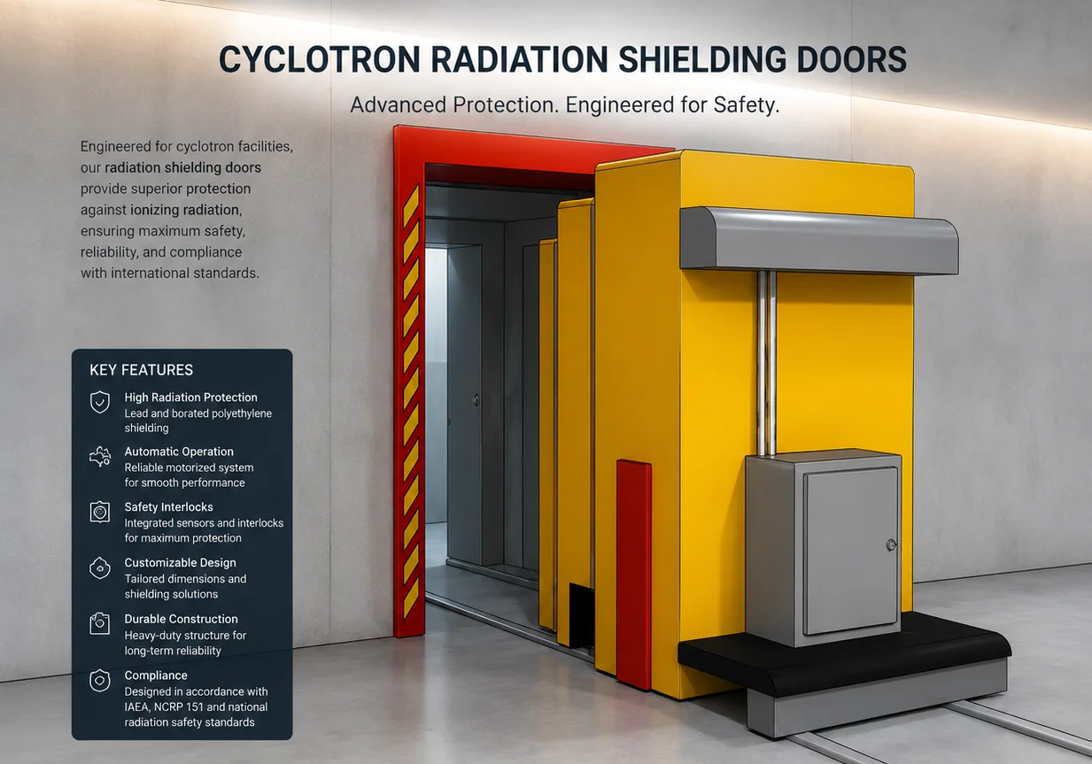 Cyclotron radiation shielding doors — motorized plug door with lead and borated polyethylene shielding for PET radiopharmaceutical vaults