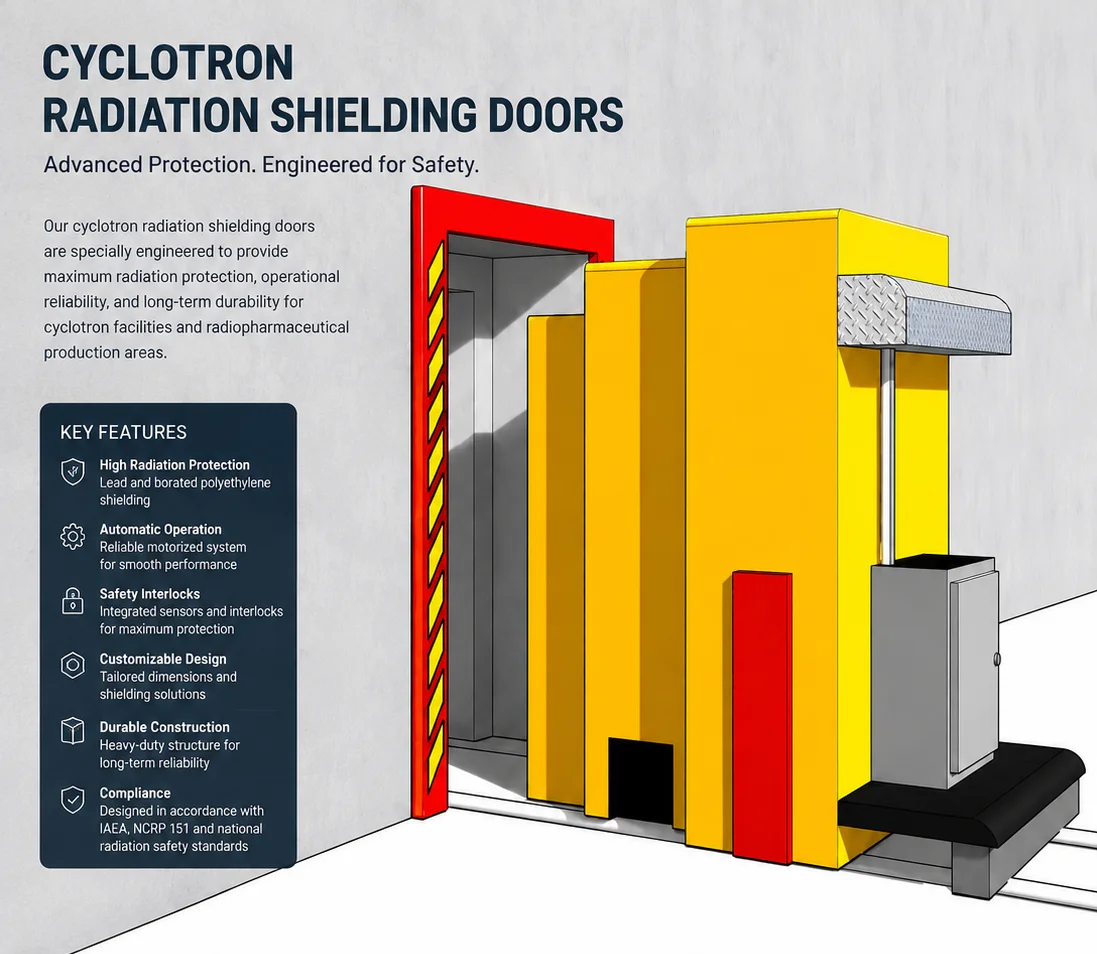 Cyclotron radiation shielding door key features — high radiation protection, automatic operation, safety interlocks, customizable design, durable construction and compliance with IAEA and NCRP 151