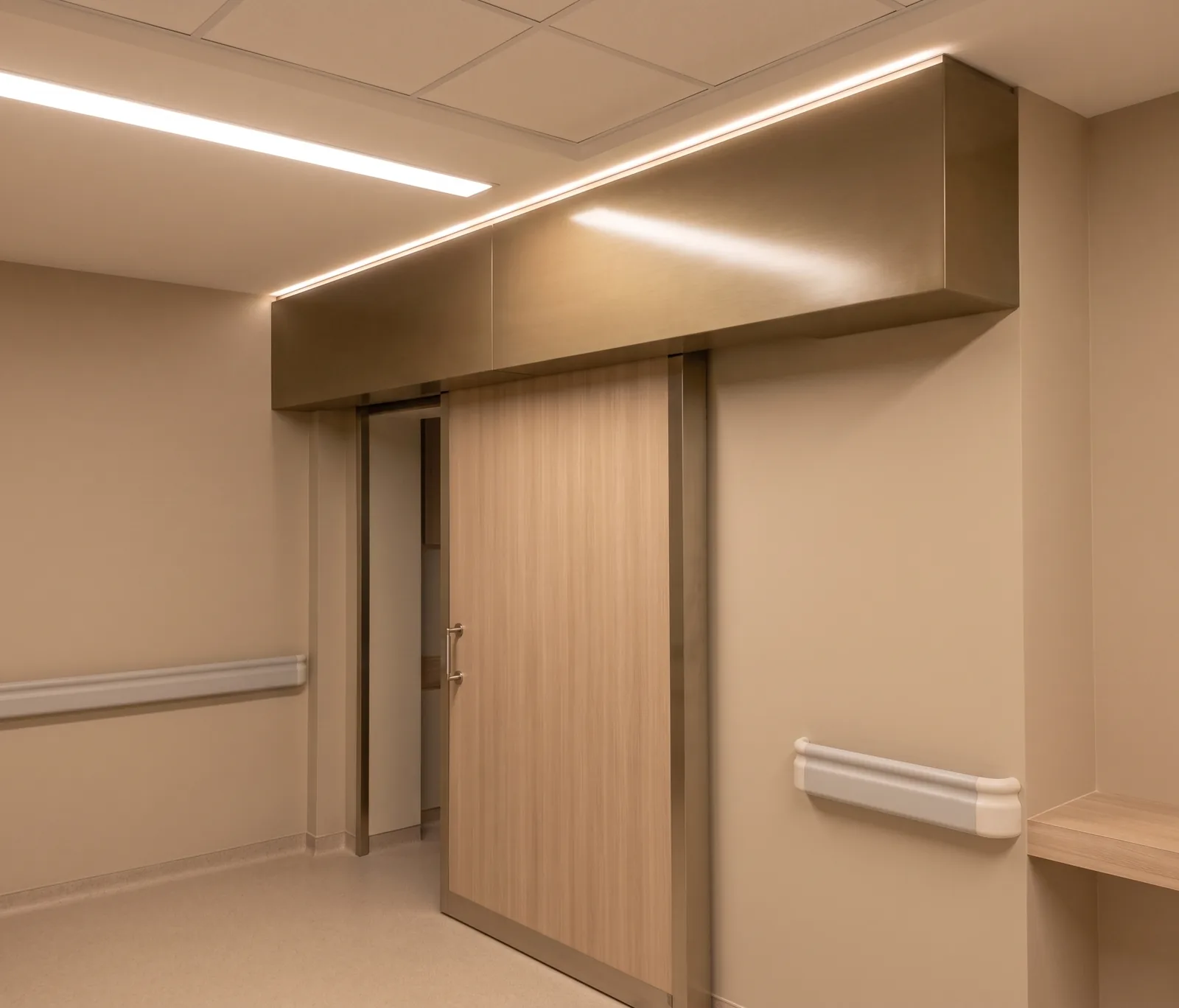HDR brachytherapy sliding shielding door with wood finish in clinical corridor